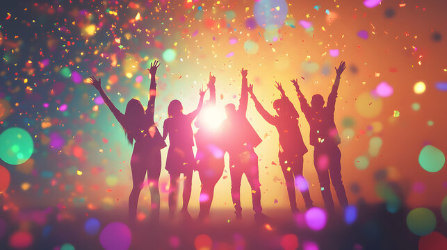un fondo con siluetas de personas levantando las manos festejando y disfrutando con diversion y alegria festejo de a&ntilde;o nuevo o celebracion o fiesta con confeti y destellos de luces de colores