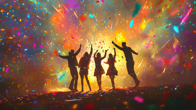 un fondo colorido con destellos de luces y confeti colorido con siluetas de personas bailando y disfrutando divertidos en un festejo o celebracion de a&ntilde;o nuevo o eventos con espacio de copia