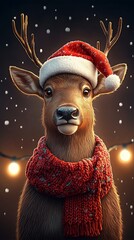 Reindeer wearing red scarf and Santa hat in snowy scene