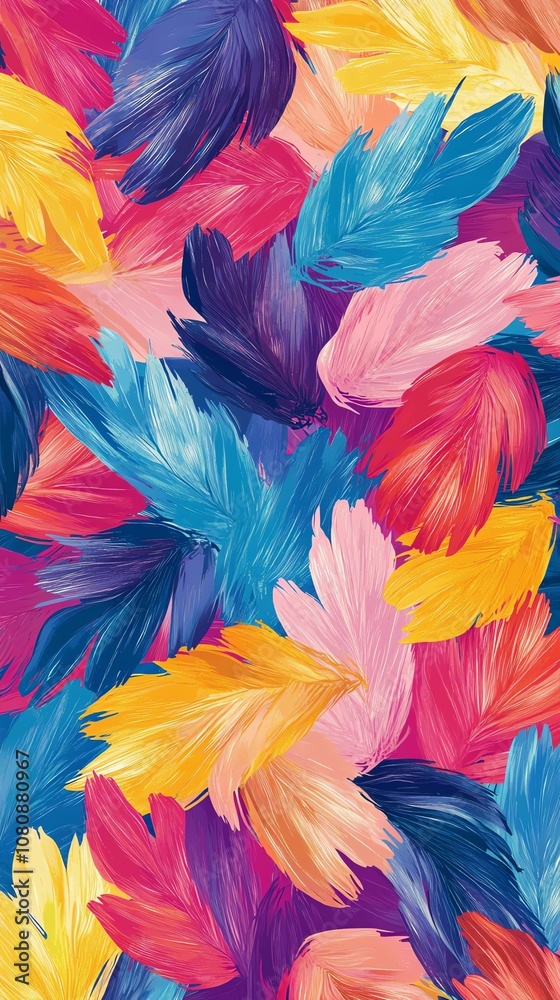 Aufkleber a vibrant seamless pattern featuring colorful feathers painted in a bright and playful style.
