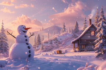 Fototapeta premium Cozy Winter Cabin at Sunset with Snowman