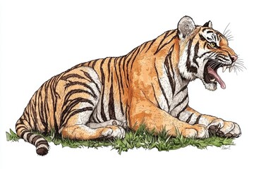 Obraz premium Majestic Tiger Lying on Grass with Fierce Expression, Capturing the Power and Beauty of Nature in Stunning Detail for Wildlife Enthusiasts and Art Lovers