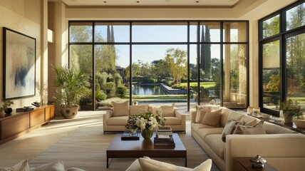 Fototapeta premium A spacious, modern living room with large windows revealing a serene garden view, featuring elegant furniture and tasteful decor.