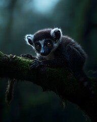 Fototapeta premium A young black and white lemur perches on a mossy branch.