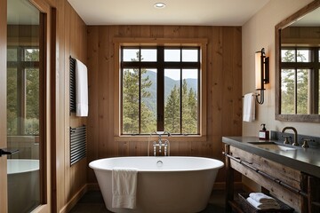 Fototapeta premium Rustic Spa Style Hotel Bathroom with Soaking Tub and Large Window