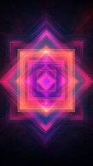 A vibrant, abstract composition of overlapping glowing squares and lines in shades of pink, purple, and orange, against a dark background.