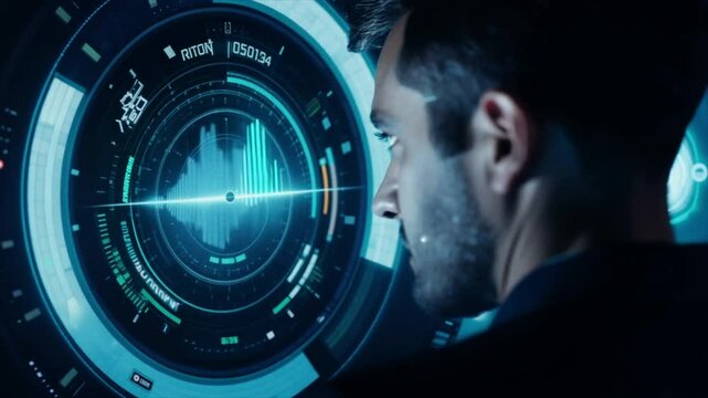 Close-up shot: A man gazes intently at a digital screen, glowing graphics reflected on his face. Digital interface