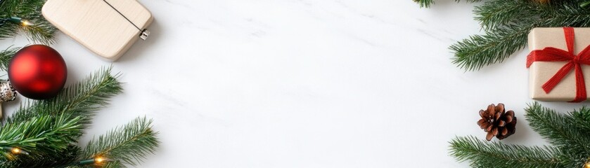 Obraz premium Festive Decorations with Christmas Tree Branches, Ornaments, Gift Boxes, and Natural Elements on a Marble Background Perfect for Holiday Celebrations and Promotions