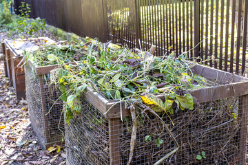 Compost bins for plant waste are set up in a garden to support eco-friendly recycling. Organic...