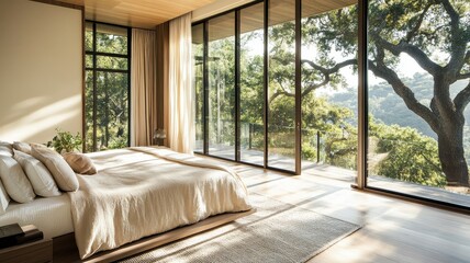 Obraz premium A bright, airy bedroom featuring large windows, natural light, minimalist decor, and a serene outdoor view with greenery.