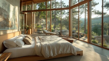 A serene bedroom with large glass windows, offering views of nature and abundant sunlight, blending comfort with modern design.