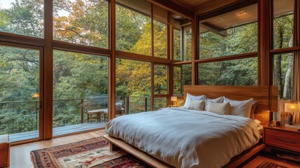 Fototapeta premium A cozy bedroom featuring large windows that offer a view of lush greenery, with a modern wooden bed and warm lighting creating a serene atmosphere.