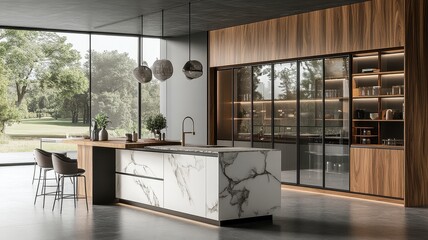 A modern kitchen featuring a marble island, wooden cabinetry, large windows with nature views, and sleek appliances in a stylish design.