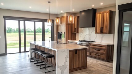 A modern kitchen featuring wooden cabinets, a large island, pendant lighting, and panoramic sliding doors that open to a scenic outdoor view.