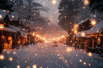 Fototapeta premium Christmas Snowy street in the city, with snow falling, and glowing lights, in a calm and serene mood