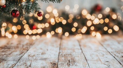 Festive Christmas Decoration with Christmas Tree Branches and Glowing Bokeh Lights on a Rustic Wooden Surface for Holiday Season Atmosphere