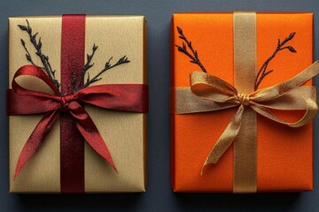 Two gift boxes with elegant ribbons and decorative twigs, ready for a special occasion