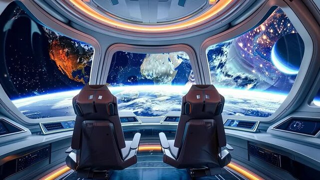 View of the Earth from a space shuttle with two chairs in the cockpit. The chairs are facing the Earth and the view is of the planet and the stars