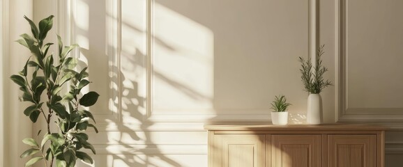 Wooden Cabinet with Plants and Sunlight Streaming Through Window