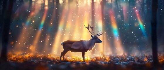 A majestic reindeer stands gracefully in a forest, illuminated by vibrant rays of soft rainbow light, creating a serene and ethereal atmosphere in winter's embrace.