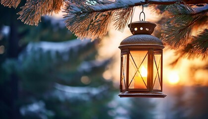 lantern hanging from pine branch glowing warmly in winter