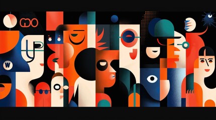 Abstract geometric art with colorful stylized human faces and shapes, featuring bold colors like red, blue, and black, in a modern, minimalist design style.