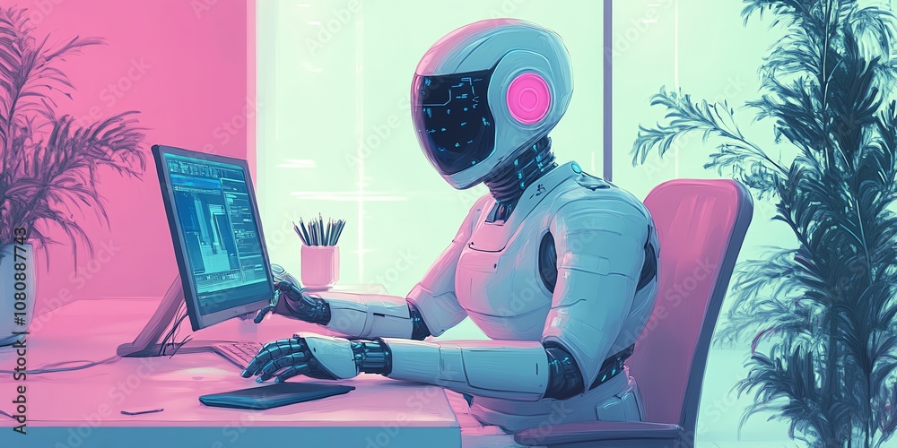 Poster A white humanoid robot sits at a desk working on a computer with a pink and green color scheme in the background.