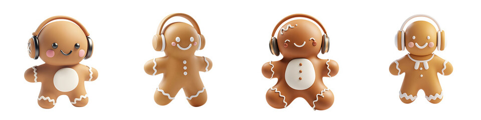 Christmas decoration concept. Cute gingerbread men with headphones, showcasing playful expressions