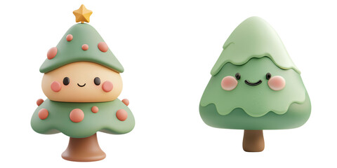 Fototapeta premium Christmas decoration concept. Cute kawaii style Christmas trees with smiling faces and pastel colors