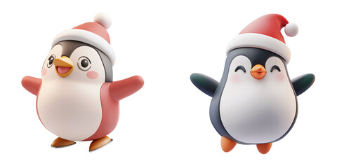 Fototapeta premium Christmas decoration concept. Cute penguins wearing Santa hats, joyful and festive characters