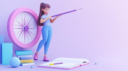 A girl with a compass and books, symbolizing exploration and learning.