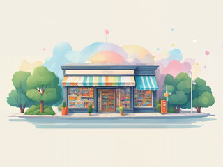 Fototapeta premium Generated cartoon shops and stores lined up, isolated background.