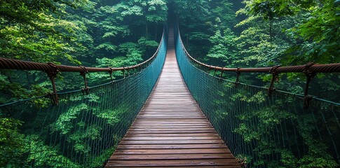 Fototapeta premium A wooden suspension bridge leading into a dense, lush green forest, with the bridge disappearing into the mist.