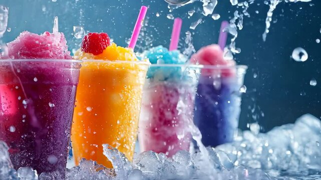 A vibrant scene of colorful slushies in plastic cups with straws, surrounded by ice and splashing water droplets. Video