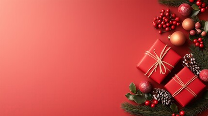 Top view of a christmas card with gifts, baubles and pine cones against red background.