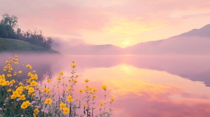 Serene Sunrise Over Foggy Lake