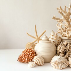 Obraz premium Decorative seashells and coral on a white surface.