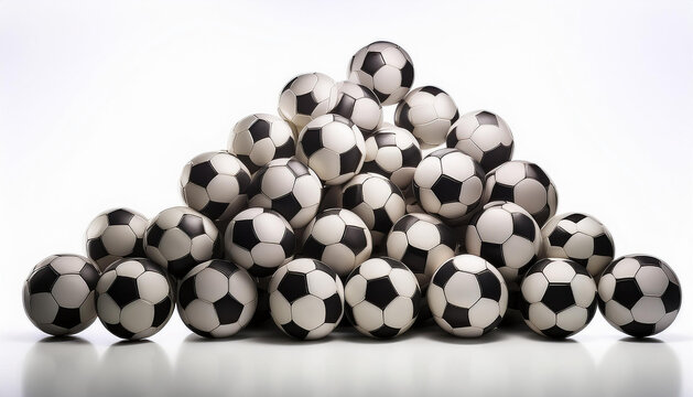 A pyramid of classic soccer balls sits on a white background.