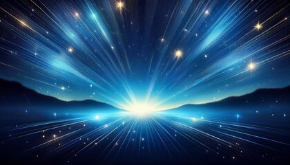 Obraz premium starry night sky with radiant light rays on blue blurred background