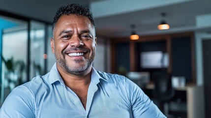 Obraz premium A Smiling Man in a Light Blue Shirt Poses Confidently in a Modern Office Space Filled With Plants and Stylish Furniture During a Bright Day at Work