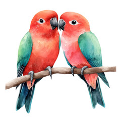 Obraz premium Two colorful parrots perched closely together on a branch, showcasing vibrant red and green plumage in a loving pose.