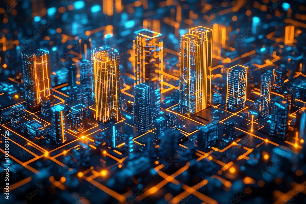 Poster abstract 3d rendering of a futuristic city made of glowing lines and geometric shapes, with a dark b