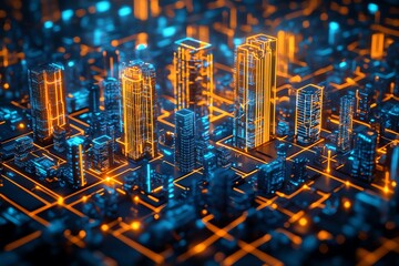Abstract 3D rendering of a futuristic city made of glowing lines and geometric shapes, with a dark blue background.
