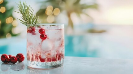 Christmas palm cocktails concept, A refreshing cocktail featuring raspberries and a sprig of herbs, set against a blurred poolside background.
