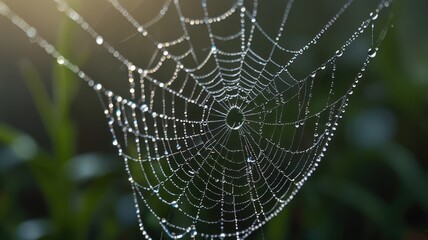 Naklejka premium Dew-covered spiderweb with a blurred green background.