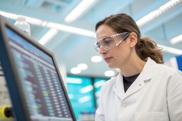 A scientist in a lab coat focuses on data displayed on a screen in a bright laboratory.
