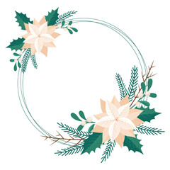 christmas frame with white poinsettia plants and fir branches, isolated vector illustration on white background, template for greeting cards,invitation,poster,banner,christmas decoration