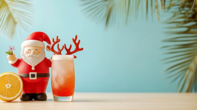 Christmas palm cocktails concept, A festive scene featuring a Santa figurine next to a tropical cocktail, with an orange slice, set against a light blue background with palm leaves.