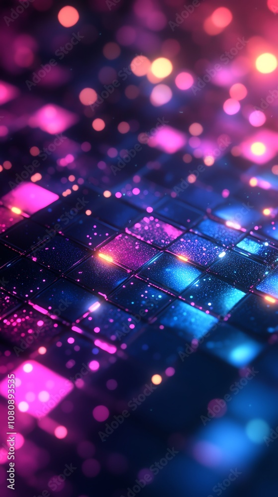 Poster Abstract background of glowing squares in blue and pink with bokeh lights.