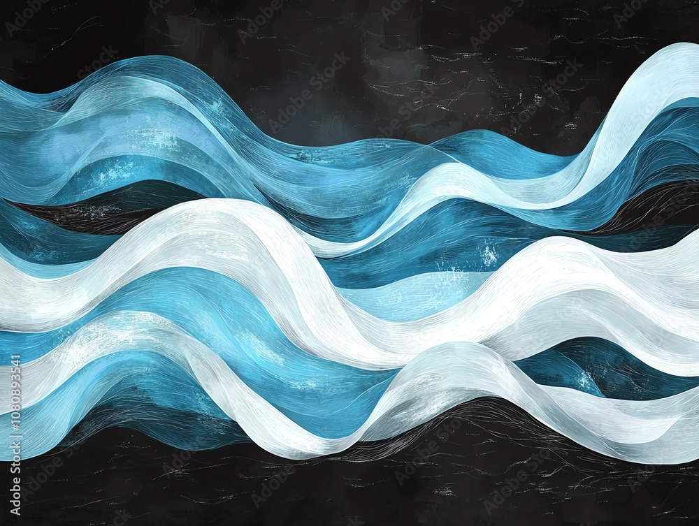Poster abstract background of flowing blue and white waves on a dark background.